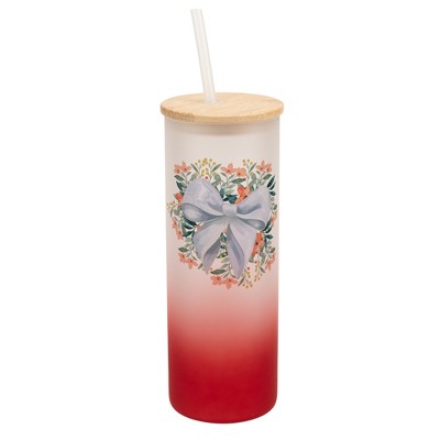 Elanze Designs 25 Ounce Frosted Glass Gradient Travel Tumbler With Straw and Wooden Lid, White Bow Floral Red