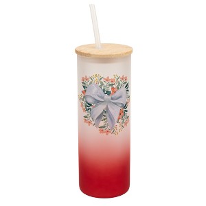 Elanze Designs 25 Ounce Frosted Glass Gradient Travel Tumbler With Straw and Wooden Lid, White Bow Floral Red - 1 of 1