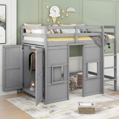 NicBex Twin Size Bunk Bed with Lockers Loft Bed Bed Frame with Guardrails, Ladder and 2 Windows, No Box Spring Required