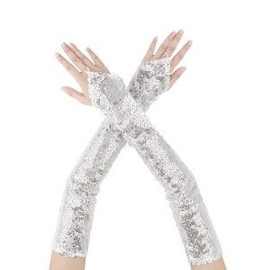 INSPIRE CHIC Women's Long Hook Finger Sequins Fingerless Arm Sleeves Shiny Cosplay Gloves 1Pair - 1 of 4