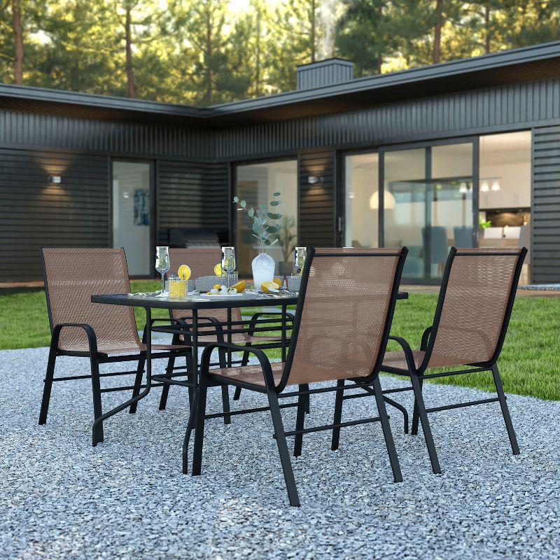 Emma and Oliver Five Piece Patio Table Set with Metal Table with Tempered Glass Top and 4 Flex Comfort Stacking Chairs, 2 of 11