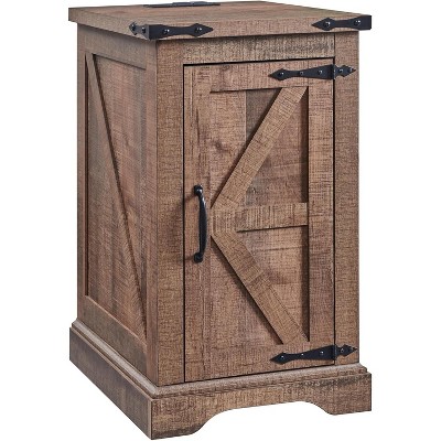 Farmhouse Nightstand with Charging Station & Barn Door & Adjustable Shelf, Rustic Sofa Side Table for Living Room, Bedroom