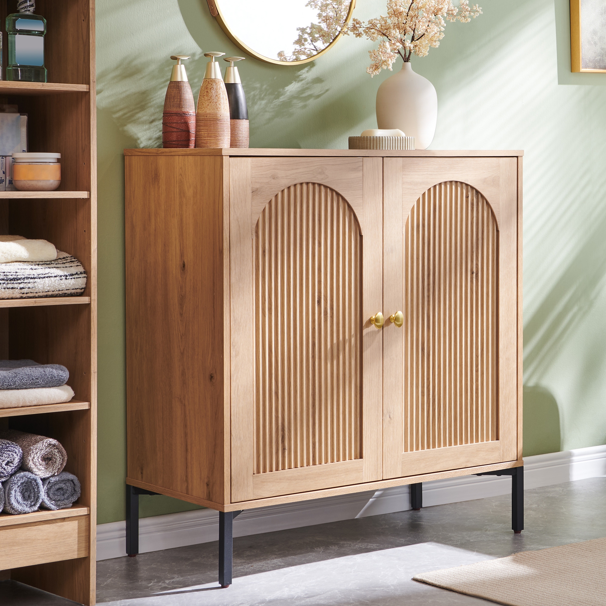 Bathroom Cabinet with Storage, Fluted Arched Free Standing Floor Cabinet with Adjustable Shelves, Modern Floor Storage Cabinet, Natural