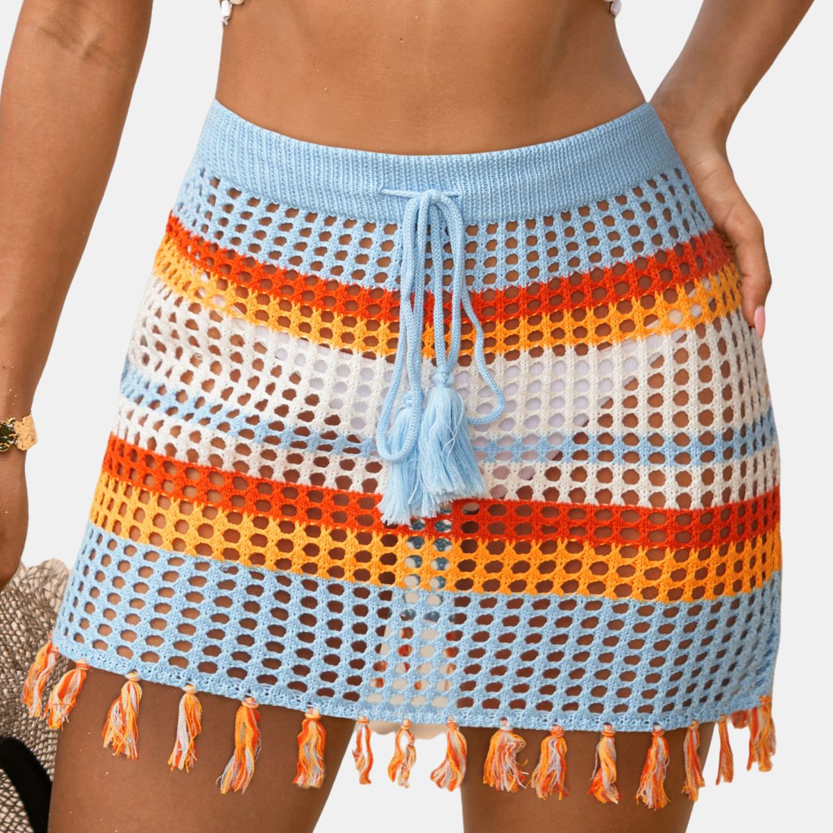 Cupshe Women's Crochet Striped Tassel Cover Up Skirt