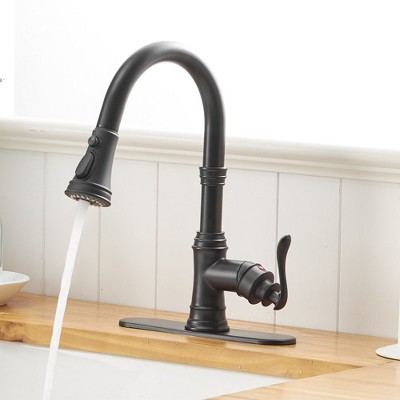 Matte Black Single-Handle Pull-Down Kitchen Faucet with Deck Plate