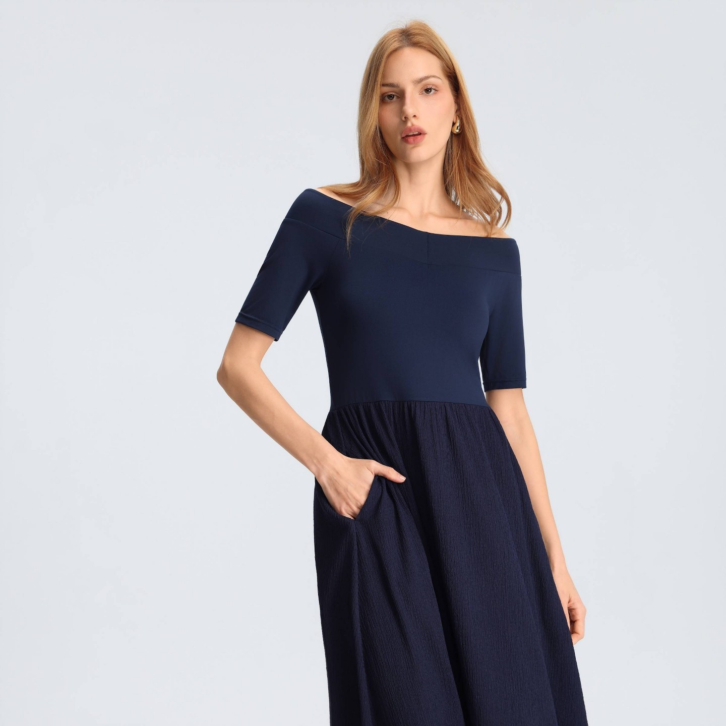 Женское платье A New Day Raglan Short Sleeve Twofer Midi A-Line, цвет: Тёмно-синий — фото 5