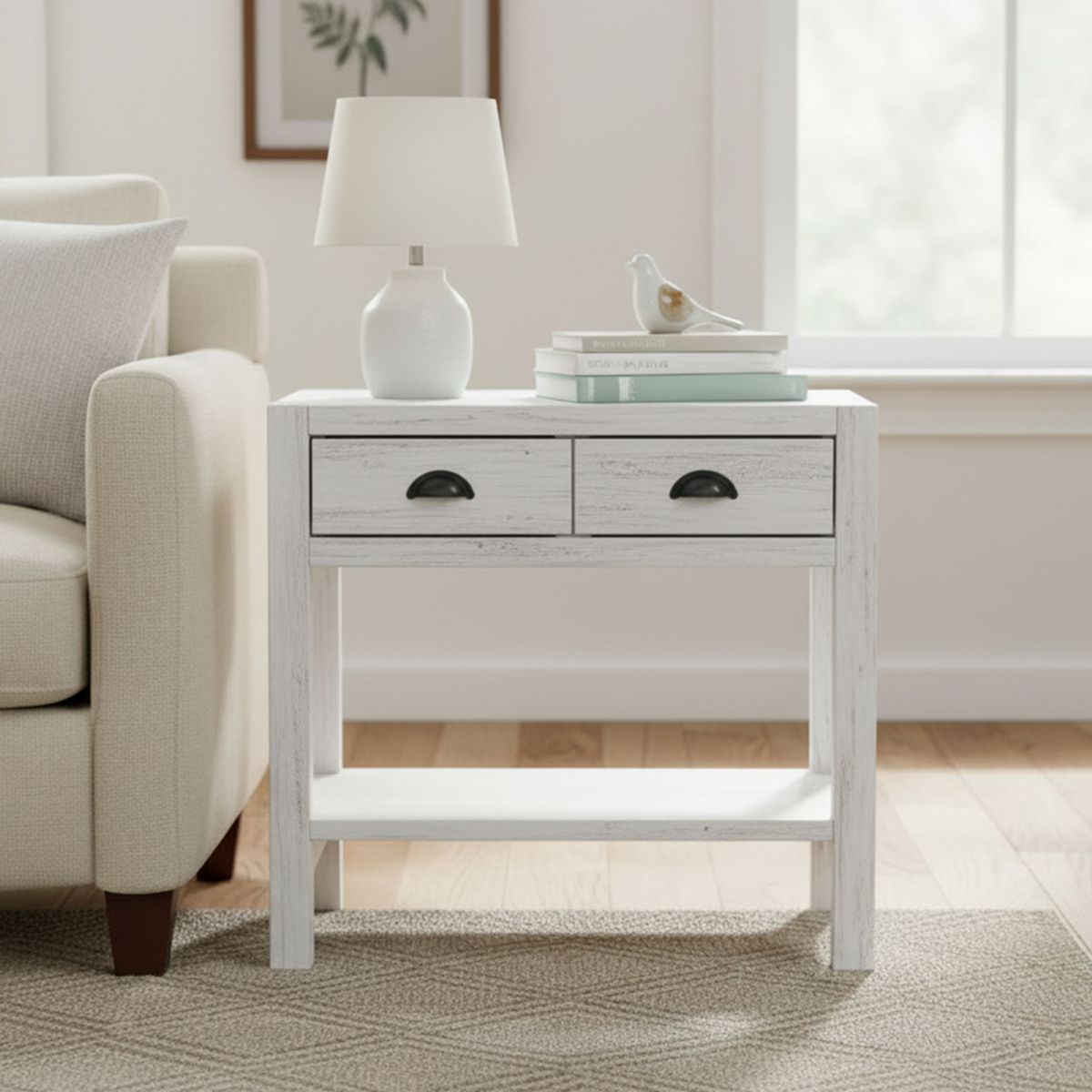 Alaterre Furniture Arden 2-Drawer Nightstand with Open Shelf, Solid Pine Wood, Driftwood White Finish, Metal Drawer Glides, Ideal for Bedroom Storage - thumbnail 3