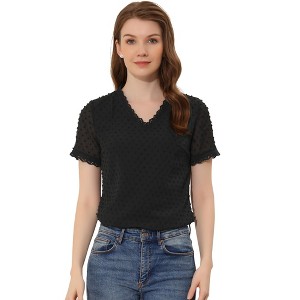 Allegra K Women's Casual V Neck Short Sleeve Semi-Sheer Swiss Dots Blouse - 1 of 4
