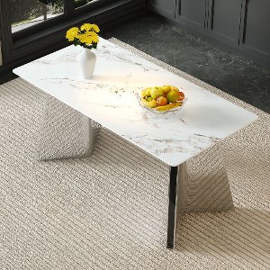 CAVINAS Modern Slab Dining Table with Stainless Steel Butterfly Legs, Rectangle Dining Table for 6, Scratch-Resistant Kitchen Table - 1 of 4