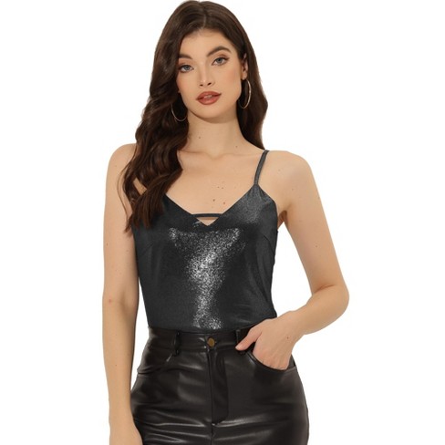 Black Faux Leather Cami Top for Women's Spaghetti Strap Camis Tank Top Club  Night Out Clubwear Party Camisoles 