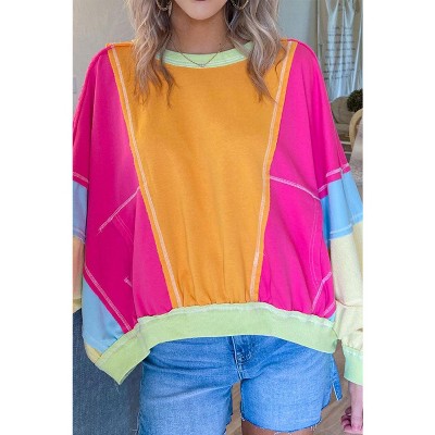 Rose Red Plus Size Colorblock Patchwork Exposed Seam Sweatshirt