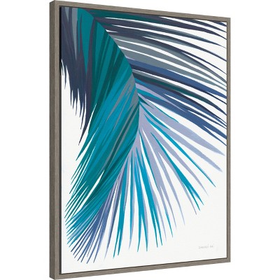 Retro Palm Leaf II Cool Aqua and Turquoise Canvas Art with Greywash Frame