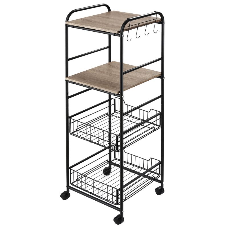 HOMCOM 16" 4-Tier Rolling Kitchen Cart, Utility Storage Trolley with 2 Basket Drawers, Side Hooks for Dining Room and Kitchen, 4 of 7