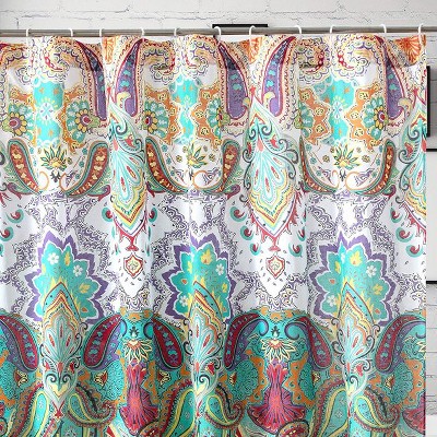 Vibrant Teal and Multicolor Paisley Fabric Shower Curtain, 72" x 72"