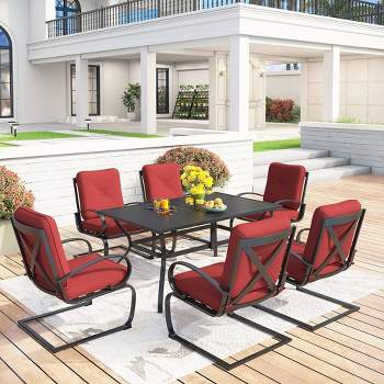 Captiva Designs 7pc Patio Dining Set with Rectangular Table with Umbrella Hold & Spring Motion Chairs