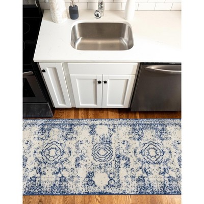 Ivory and Blue Geometric Synthetic Runner Rug