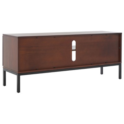 Walnut and Natural Rattan 2-Shelf TV Stand with Cabinet