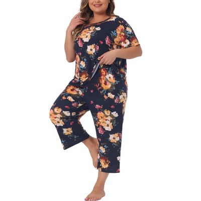 Agnes Orinda Women's Plus Size 2 Pcs Crew Collar Short Sleeve Floral Pattern Spring Soft Pajama Sets