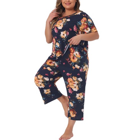 Agnes Orinda Women's Plus Size 2 Pieces Floral Pattern Spring Casual Pajama  Sets Navy Blue 3X