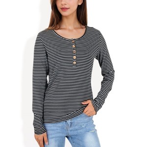 Anna-Kaci Women's Long Sleeve Striped Henley Top with Button Placket and Scoop Neck - 1 of 4