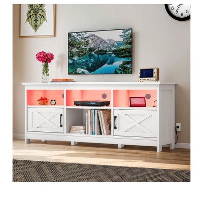 White TV Stand for 65 Inch TVs, Farmhouse LED Entertainment Center with Cabinets, Power Outlet, Media Console for Living Room
