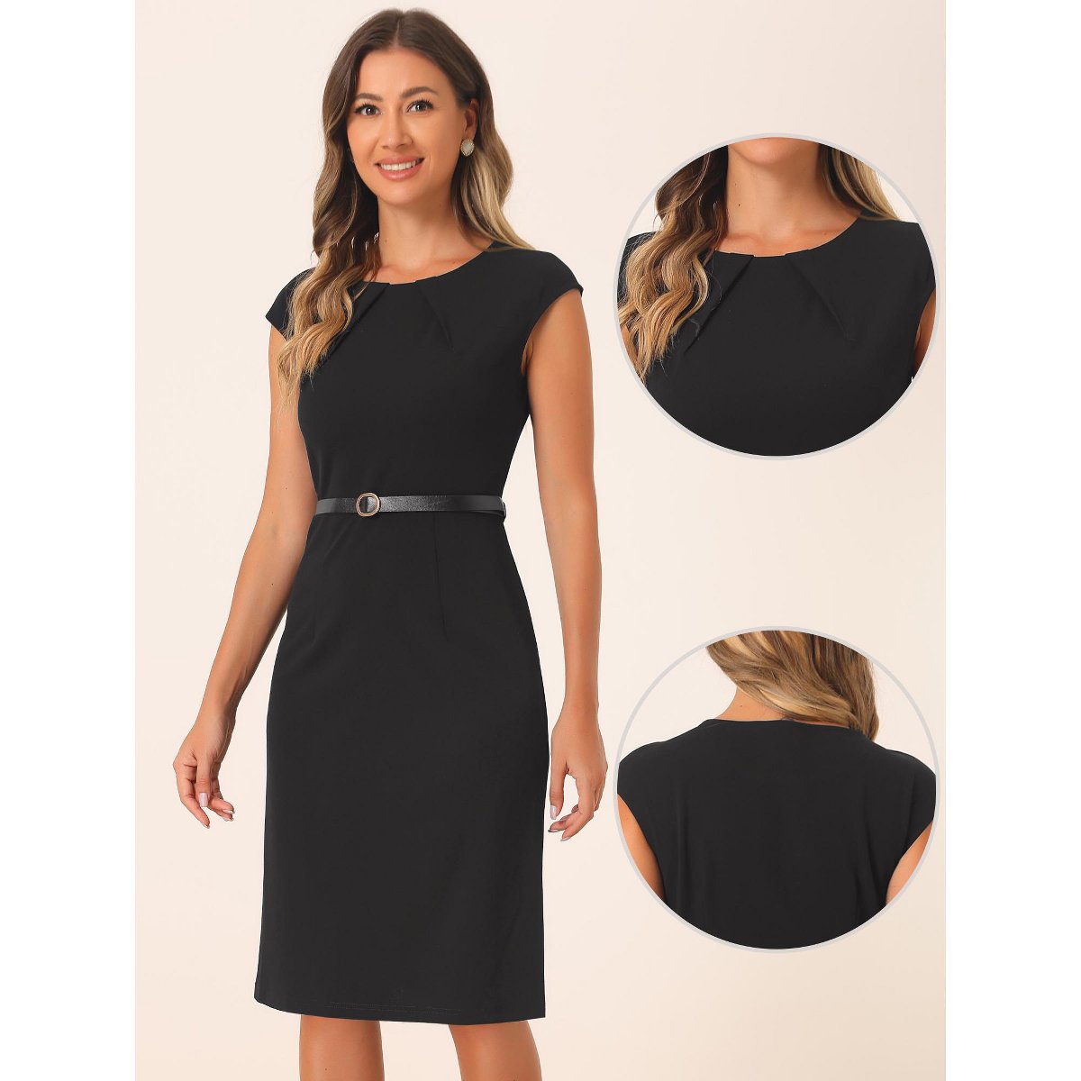 Женские платья INSPIRE CHIC Women's Elegant Business Round Neck Belted Cap Sleeve Work Sheath Dresses 2 Packs Black/Red Large — фото 2