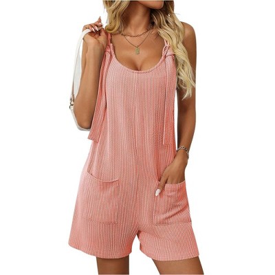 Women's Summer Casual Sleeveless Rompers Scoop Neck Striped Bib Shorts Jumpsuit Beach Overalls Vacation Outfit Clothes