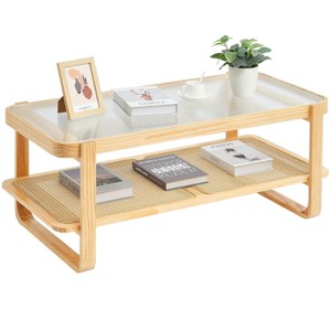 VEVOR Rattan Coffee Table, Rectangle Rattan Woven Wood Coffee Table with Tempered Glass Top, 45-Inch Modern Boho Storage Coffee Table with Wood Legs - 1 of 4
