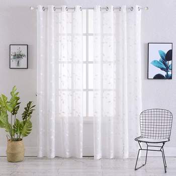 Leaves Embroidered Voile Sheer Grommet Window Curtain Panels