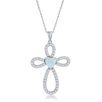 Opalata Sterling Silver White Opal & CZ Cross 18" Pendant Necklace - Silver