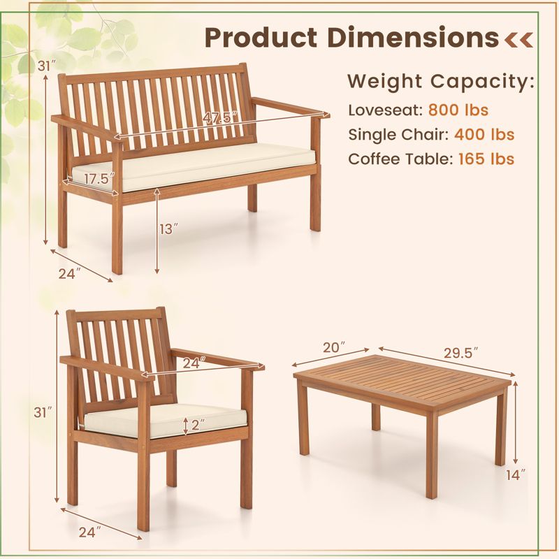 Tangkula 4PCS Wood Furniture Set w/ Loveseat 2 Chairs & Coffee Table for Porch Patio White, 4 of 5