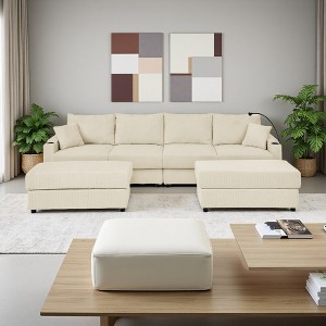 132" Corduroy U-Shaped Sectional Sofa with Storage & Cup Holders - 1 of 4