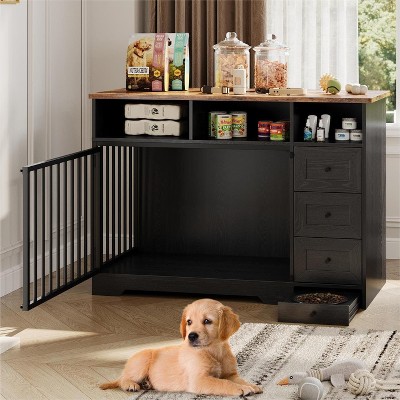 48" Large Dog Crate Furniture, Farmhouse Dog Kennel with Built-in Dog Bowl, 3 Drawers & Open Shelves, Heavy-Duty Wooden Dog Crate Table