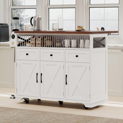 Lycvki 46.5'' Farmhouse Rolling Kitchen Cart with Drape of Beads and Drop Leaf