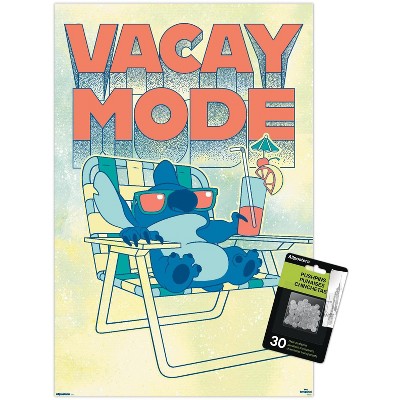 Trends International Disney Lilo and Stitch: Beach Vibes - Vacay Mode Unframed Wall Poster Print Clear Push Pins Bundle 14.725" x 22.375"