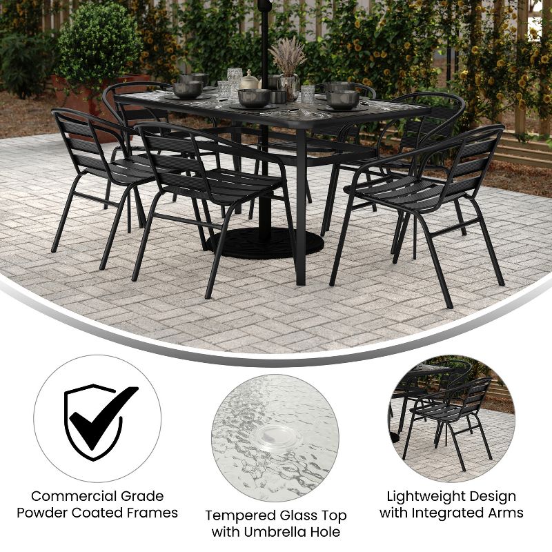 Flash Furniture Lila 7 Piece Commercial Outdoor Patio Dining Set with 60" Tempered Glass Patio Table with Umbrella Hole and 6 Black Triple Slat Chairs, 3 of 10