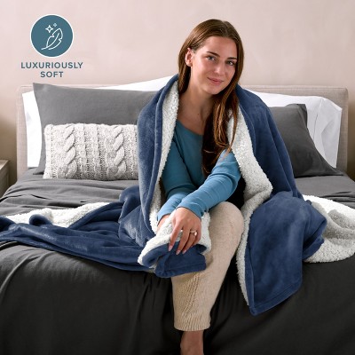 King Dark Blue Reversible Sherpa Fleece Blanket