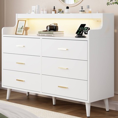 WOWLIVE 6 Drawer Dresser with 2-Tier Open Shelf, Wooden Dresser with Power Outlet & LED Lights, Chest of Drawers Dresser for Bedroom