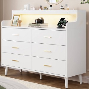 WOWLIVE 6 Drawer Dresser with 2-Tier Open Shelf, Wooden Dresser with Power Outlet & LED Lights, Chest of Drawers Dresser for Bedroom - 1 of 4
