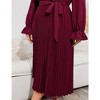 Women Plus Size Dress V Neck Ruffle Long Sleeve Long Dress Casual Summer Pleate Dress with Waistband, Wine Red, 3XL - 3 of 4