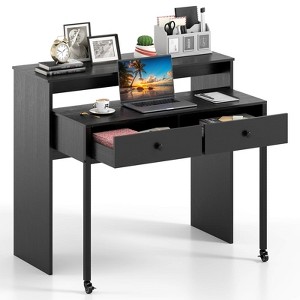 Costway 39.5" Expandable Rolling Computer Desk with Monitor Shelf 2-tier Desktop 2 Drawers Natural/Brown/Black - 1 of 4
