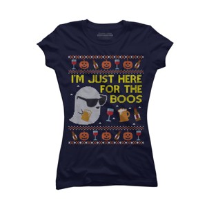 Junior's Design By Humans Funny Here For The Boos Ugly Halloween Sweater By DragonTee T-Shirt - 1 of 3