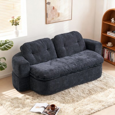 79" Modern Floor Sofa Corduroy Convertible Bed 2 Pillows Foam Filled Hidden Quilt Space Saving Curved Ergonomic Living Room Playroom