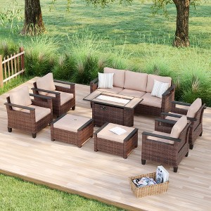 Sonkuki 8 Pieces Patio Sofa with Rectangle Fire Pit Table and Ottomans, Patio Conversation Couch with Cushion - 1 of 4