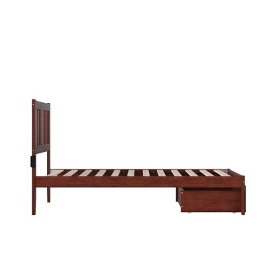 Walnut Twin Wood Platform Bed with Drawer and USB Charger