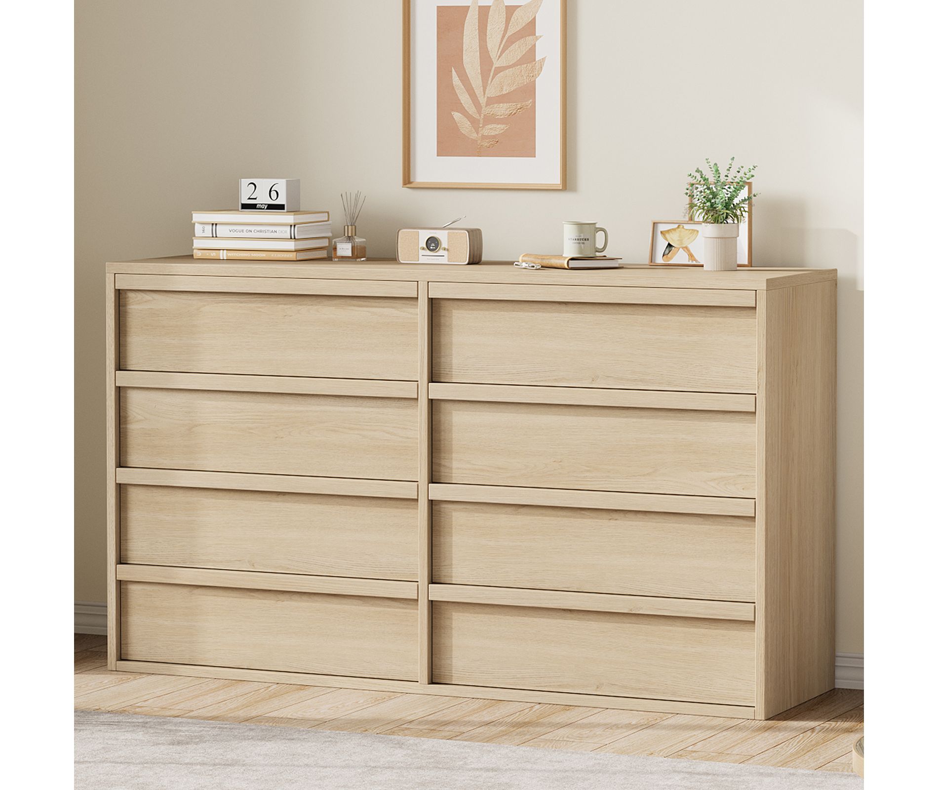 Garvee 8 Drawer Dresser for Bedroom, 54" Natural Double Dresser Organizer with Concave Handle, Modern Chest of Drawer for Bedroom Living Room Nursery