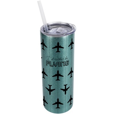 Elanze Designs Turquoise Blue 20 Ounce Double Wall Stainless Steel Glitter Travel Tumbler With Sliding Lid And Straw, I'd Rather Be Flying