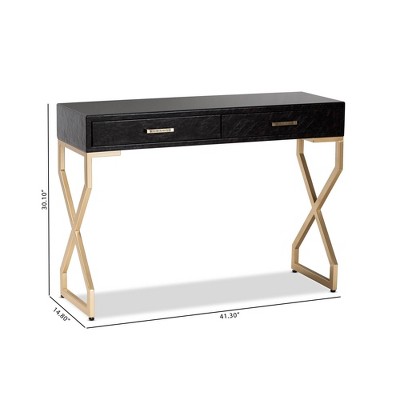 Carville Gold-Finished Metal & Dark Brown Faux Leather Console Table with Glass Top