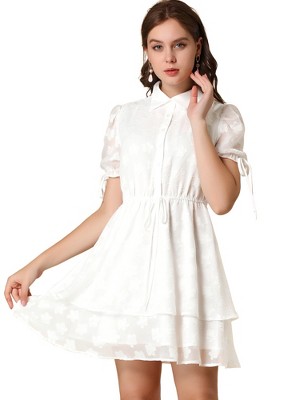 Allegra K Women's Peter Pan Collar Floral Drawstring Chiffon Layered Dress