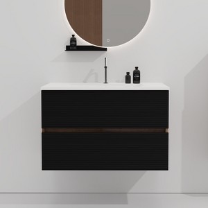 FAMYYT 30 in. Single Sink Floating Black Bath Vanity with White Ceramic Top (Assembled), DTC Soft-closing Drawer - 1 of 4